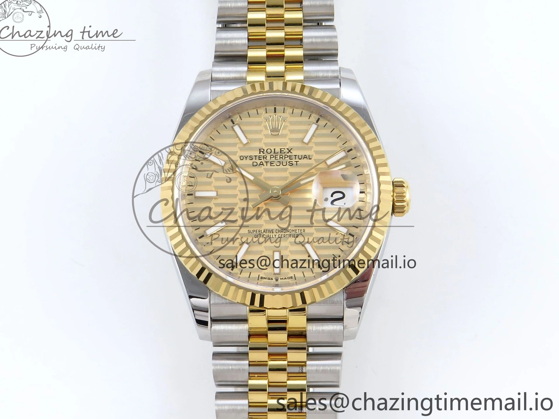 Best Stick YG 126233 EWEF SS on Textured Jubilee A3235 Bracelet 36 Marker YG Edition DateJust Dial 0510